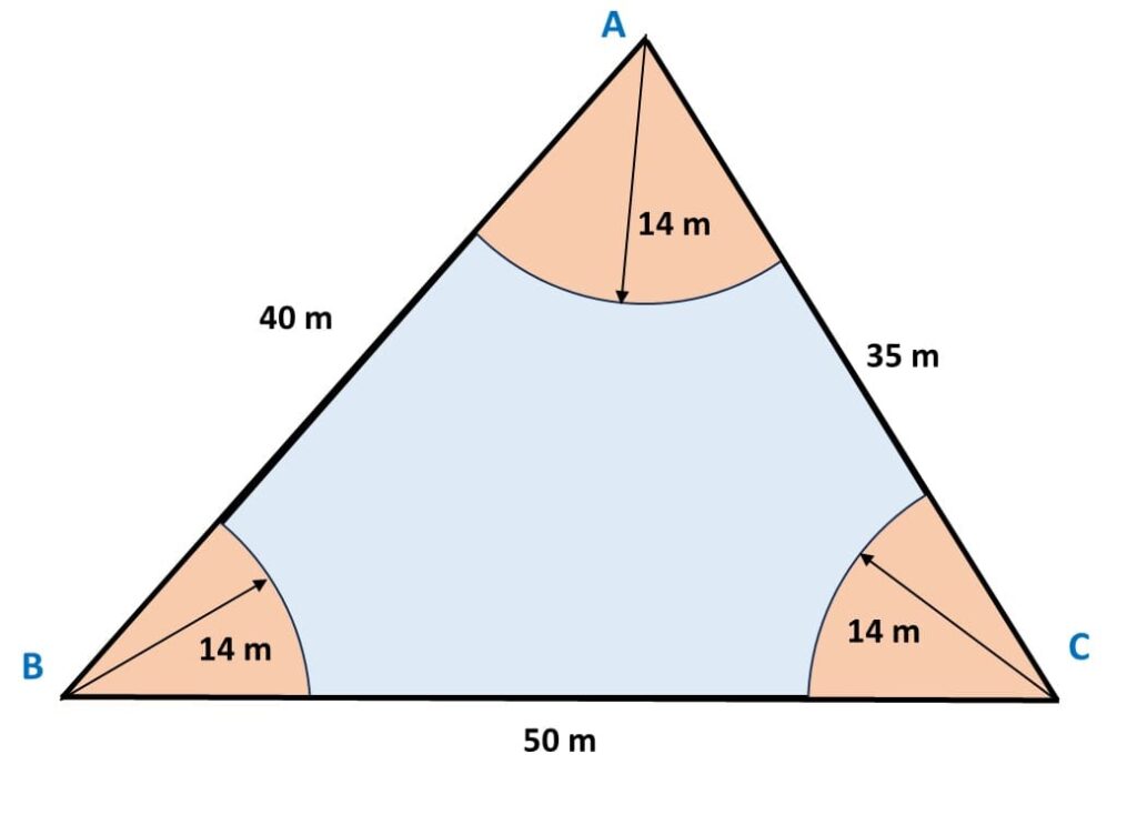 A horse, a cow and a goat are tied, each by ropes of length 14 m, at the corners A, B and C 