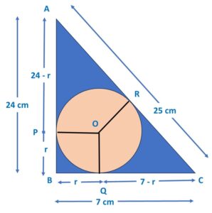 A circle is inscribed in a right-angled triangle ABC, right-angled at B. If BC = 7 cm and AB = 24 cm, find the radius of the circle