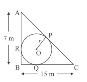 A backyard is in the shape of a triangle ABC with right angle at B. AB = 7 m and BC = 15 m. A circular pit was dug inside it such that it touches the walls AC, BC and AB at P, Q and R respectively such that AP = x m.