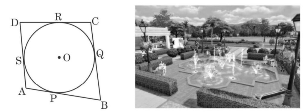 In a park, four poles are standing at positions A, B, C and D around the circular fountain such that the cloth joining the poles AB, BC, CD and DA touches the circular fountain at P, Q, R and S respectively as shown in the figure.
Based on the above information, answer the following questions :
(i) If O is the centre of the circular fountain, then ∠  OSA = 900
(ii) If AB = AD, then write the name of the figure ABCD.
(iii) (a) If DR = 7 cm and AD = 11 cm, then find the length of AP.
OR (iii) (b) If O is the centre of the circular fountain with ∠  QCR = 60°, then find the measure of ∠  QOR.

