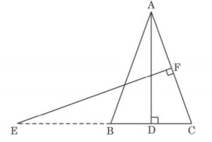 In the figure, E is a point on side CB produced of an isosceles triangle ABC with AB = AC. If AD ⊥ BC and EF ⊥ AC, prove that A ABD ~ A ECF.