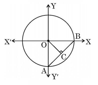 In the given figure, a circle centred at origin O has radius 7 cm, OC is median of DOAB. Find the length of median OC. 10th board CBSE