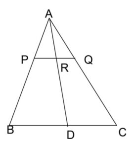 In 𝛥ABC, P and Q are points on AB and AC respectively such that PQ is parallel 
to BC.
Prove that the median AD drawn from A on BC bisects PQ.  10th board CBSE Sample Question paper 2025