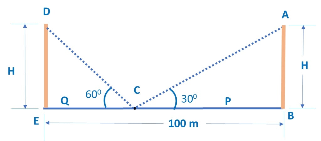 Two pillars of equal lengths stand on either side of a road which is 100 m wide, exactly 10th Maths Board exam CBSE iCSE iGCSE IB