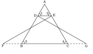 In the given figure, Δ FEC ≅ Δ GDB and ∠ 1 = ∠ 2.Prove that Δ ADE ~ Δ ABC.