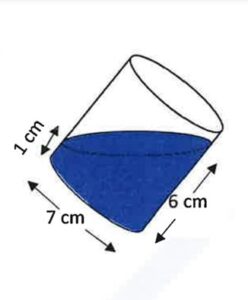 In the adjoining diagram, a tilted right circular cylindrical vessel with base diameter 7 cm contains a liquid. When placed vertically, the height of the liquid in the vessel is the mean of two heights shown in the diagram. Find the area of wet surface, when the cylinder is placed vertically on a horizontal surface. (Use = 22/7)