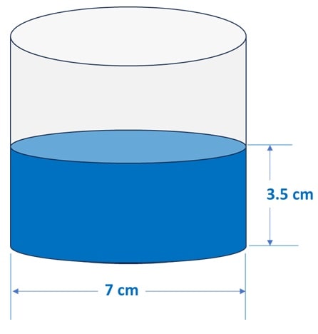 In the adjoining diagram, a tilted right circular cylindrical vessel with base diameter 7 cm contains a liquid. When placed vertically, the height of the liquid in the vessel is the mean of two heights shown in the diagram. Find the area of wet surface, when the cylinder is placed vertically on a horizontal surface. (Use = 22/7)